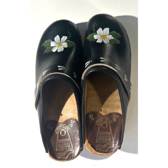 Handmade Swedish Black Leather Clogs With Hand-Painted Flowers Wood Sole Size 37 - Picture 9 of 16
